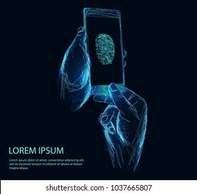 Cyber security background with man holding smartphone in his hands and unlocking it with fingerprint button of polygons. Business concept of data protection. Low poly vector illustration 