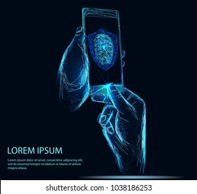 Cyber security background with man holding smartphone in his hands and unlocking it with fingerprint button of polygons. Business concept of data protection. Low poly vector illustration 