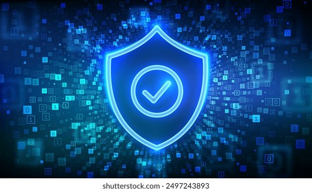 Cyber security background. Protection shield with Check mark icon. Network protection. Internet Security concept. Binary data flow tunnel. Big data. Digital code with digits 1.0. Vector Illustration.