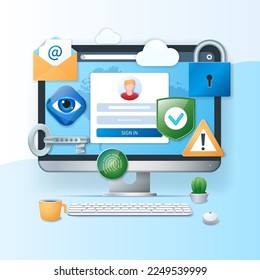 Cartel de ciberseguridad. Equipo con icono de la ventana de inicio de sesión en la pantalla. Concepto de seguridad. Ilustración de vector web en estilo 3D