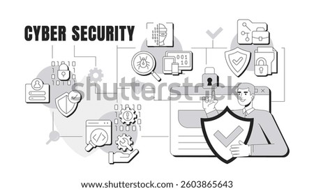 Cyber security banner conceptual illustration. Personal privacy, control. Hacking, malware. Threat detection, monitoring. Abstract idea with stylized character, outline icons. Monochrome vector