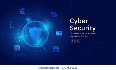 Plantilla del Anuncio de Seguridad Cibernética. Concepto de seguridad de red global y protección de datos digitales con escudo y código binario.