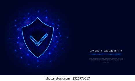 Cyber security banner template. Shield with check mark on abstract blue background. Digital data protection concept. Vector illustration