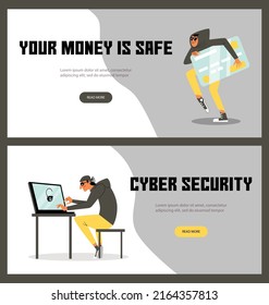 Cyber security banners set, hacker steals bank account data, cybercrime and phishing concept - flat vector illustration. Cartoon character of cyber thief.
