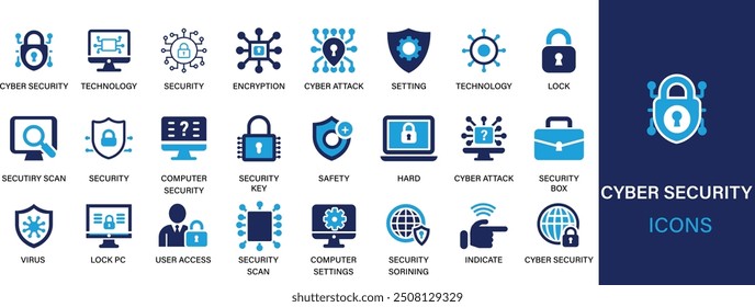 La mejor colección de conjunto de iconos sólidos de seguridad cibernética. Seguridad, red, Tecnología, información, comunicación, protección, sistema de seguridad. Ilustración vectorial.