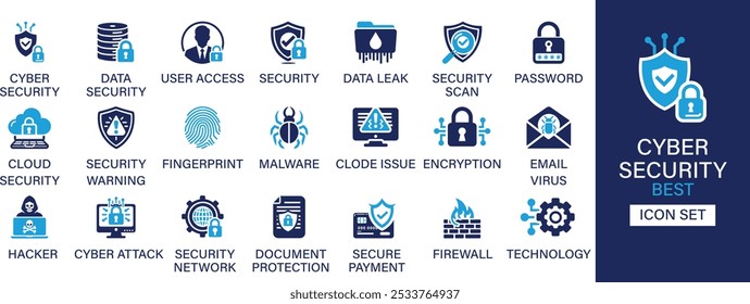 La mejor colección de conjunto de iconos sólidos de seguridad cibernética. Seguridad de datos, acceso de usuarios, fuga de datos, Contraseña, advertencia de seguridad, tecnología, pago de seguridad y Ilustración vectorial.