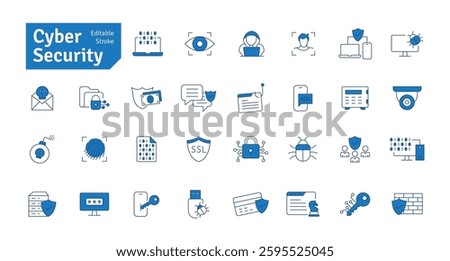 Cyber Security Blue Line Icons Set. Cybercrime, Cyberspace, Shield, Protection, Technology, Defense, Antivirus, Hacker Icons Editable Stroke Vector Illustration