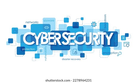 CYBER SECURITY blue vector concept banner with keywords and icons