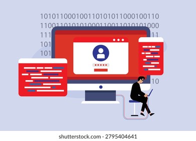 Cyber Security Breach and Account Hacking Concept with Cyber Thief Stealing User Passwords and Login Data 2d flat vector illustration