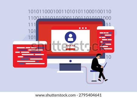 Cyber Security Breach and Account Hacking Concept with Cyber Thief Stealing User Passwords and Login Data 2d flat vector illustration