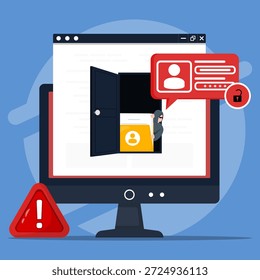 Concepto de violación de seguridad cibernética que muestra a un hacker robando datos de usuario de una pantalla de computadora. Simbolizando el robo de datos, el fraude de identidad, las amenazas en línea y los riesgos de privacidad digital.