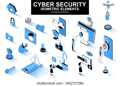 Cyber security bundle of isometric elements. Fingerprint scanner, padlock, password, firewall, data folder, electronic security key isolated icons. Isometric vector illustration with people characters