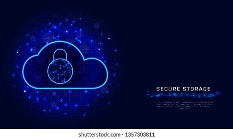 Cyber security business concept. Cloud data protection technology with padlock on abstract polygonal background. Banner, poster, advertising template design with copy space. Flat vector illustration