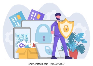 Cyber security. Businessman protects his data and devices with a shield