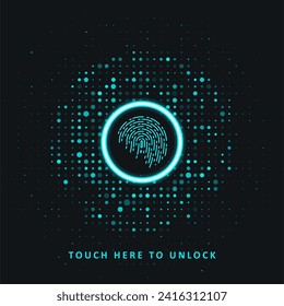 Cyber security by dint of fingerprint scanning. Abstract technology background. Touch here to unlock. Graphic concept for your design