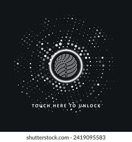 Cyber security by dint of fingerprint scanning. Abstract technology background. Touch here to unlock. Graphic concept for your design