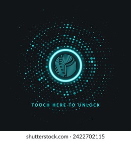 Cyber security by dint of fingerprint scanning. Abstract technology background. Touch here to unlock. Graphic concept for your design