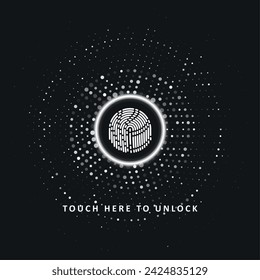 Cyber security by dint of fingerprint scanning. Abstract technology background. Touch here to unlock. Graphic concept for your design