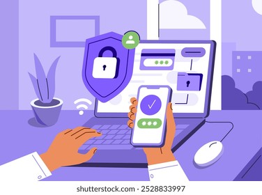 Cyber security. Character use two factor authentication on laptop for password validation. Data protection, cybersecurity, privacy, secure network concept. Vector illustration.