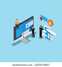 Cyber security with characters check access, protecting data 3d isometric vector illustration concept for banner, website, landing page, ads, flyer template