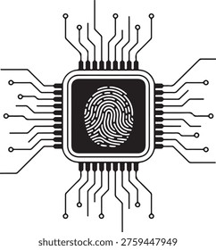 Cyber security chip icon with fingerprint biometric data protection technology symbol
