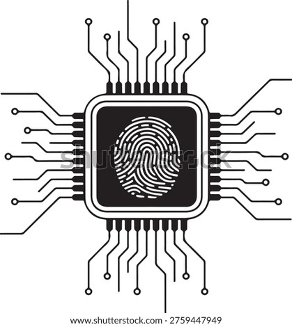 Cyber security chip icon with fingerprint biometric data protection technology symbol