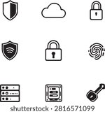 Cyber Security and Cloud Protection Icon Set Vector, Lock Padlock and Fingerprint Clipart, Black Solid Server Database and Key Symbol Pack for App UI