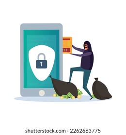 Cyber security composition with doodle character of hacker breaching electronic devices data protection vector illustration