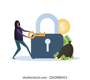 Cyber security composition with doodle character of hacker breaching electronic devices data protection vector illustration