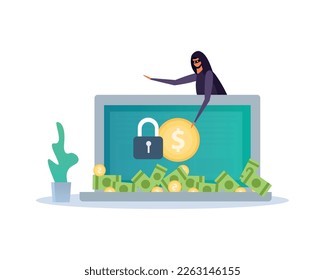 Cyber security composition with doodle character of hacker breaching electronic devices data protection vector illustration