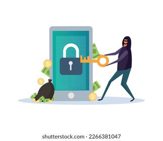 Cyber security composition with doodle character of hacker breaching electronic devices data protection vector illustration