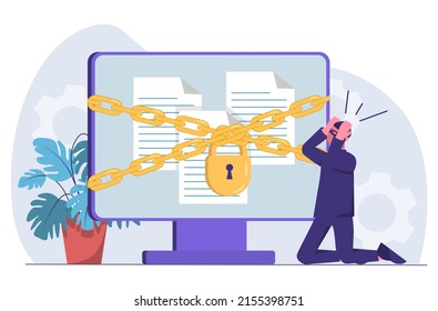 Cyber security. Computer under lock. The thief is desperate because he can't hack the security system