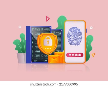 Ilustración 3D del concepto de ciberseguridad. Composición de iconos con smartphone con exploración de huellas digitales y pantalla de contraseña, blindaje protege los datos de ataques informáticos. Ilustración vectorial para diseño web moderno