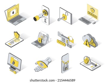 Cyber security concept 3d isometric icons set. Pack elements of password, fingerprint scanner, padlock, profile, firewall, virus protection and other. Vector illustration in modern isometry design