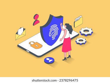 Cyber security concept in 3d isometric design. Woman scanning fingerprint for secure access and authentication, internet data protection. Vector illustration with isometry people scene for web graphic