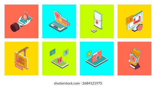 Conceito de segurança cibernética do conjunto de ícones isométricos 3d. Pacote com acesso seguro com proteção de privacidade de dados, verificação de impressão digital e proteções de senha, serviço de proteção on-line. Ilustração vetorial.
