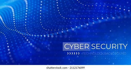 Cyber security concept. Abstract blue particle background. Flow wave with dot landscape. Digital data structure. Future mesh or sound grid. Pattern point visualization.