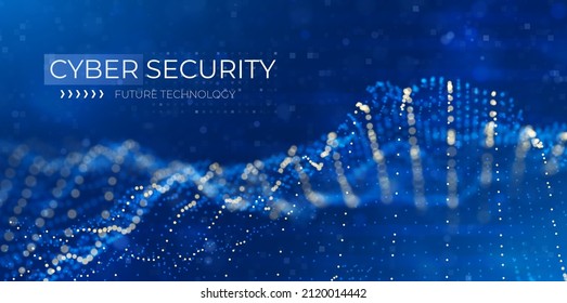 Concepto de ciberseguridad. Fondo abstracto de partículas azules. Ola de flujo con paisaje de puntos. Estructura de datos digitales.Ilustración vectorial de tecnología.