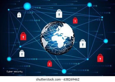Cyber security concept abstract technology with world digital link, closed padlock safety and warning hi tech background