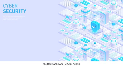 Concepto de ciberseguridad. Antivirus, cifrado, protección de datos en la nube. Desarrollo de software. Internet seguro. Protección de la información en línea. Tecnología digital de fondo vectorial isométrico.