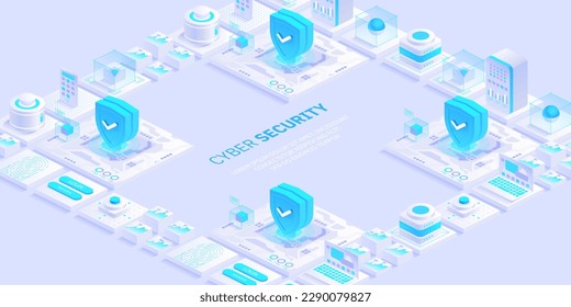 Cyber security concept. Antivirus, encryption, cloud data protection. Software development. Safety internet. Online information protect. Digital technology isometric vector background.