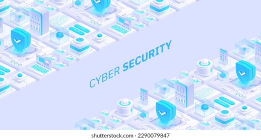 Cyber security concept. Antivirus, encryption, cloud data protection. Software development. Safety internet. Online information protect. Digital technology isometric vector background.