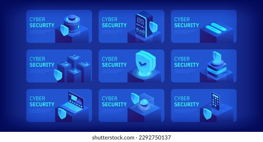 Concepto de ciberseguridad. Antivirus, cifrado, protección de datos en la nube. Desarrollo de software. Internet seguro. Protección de la información en línea. Tecnología digital de fondo vectorial isométrico.