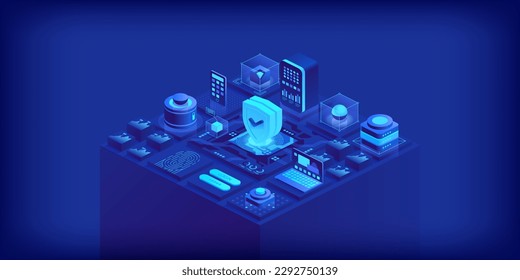 Cyber security concept. Antivirus, encryption, cloud data protection. Software development. Safety internet. Online information protect. Digital technology isometric vector background.