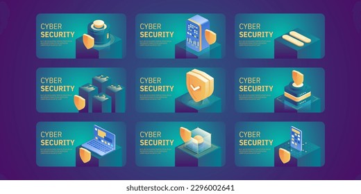 Cyber security concept. Antivirus, encryption, cloud data protection. Software development. Safety internet. Online information protect. Digital technology isometric vector background.