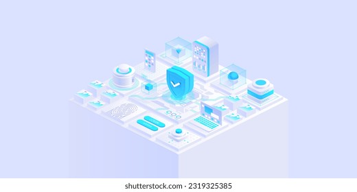 Cyber security concept. Antivirus, encryption, cloud data protection. Software development. Safety internet. Online information protect. Digital technology isometric vector background.