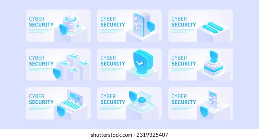 Cyber security concept. Antivirus, encryption, cloud data protection. Software development. Safety internet. Online information protect. Digital technology isometric vector background.