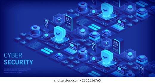 Concepto de ciberseguridad. Antivirus, cifrado, protección de datos en la nube. Desarrollo de software. Internet seguro. Protección de la información en línea. Tecnología digital de fondo vectorial isométrico.