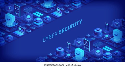 Cyber security concept. Antivirus, encryption, cloud data protection. Software development. Safety internet. Online information protect. Digital technology isometric vector background.