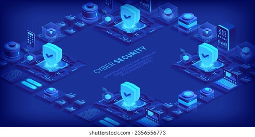 Concepto de ciberseguridad. Antivirus, cifrado, protección de datos en la nube. Desarrollo de software. Internet seguro. Protección de la información en línea. Tecnología digital de fondo vectorial isométrico.